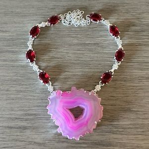 1025 Solar Agate Garnet Necklace Handmade Gemstone Silver Statement Jewelry